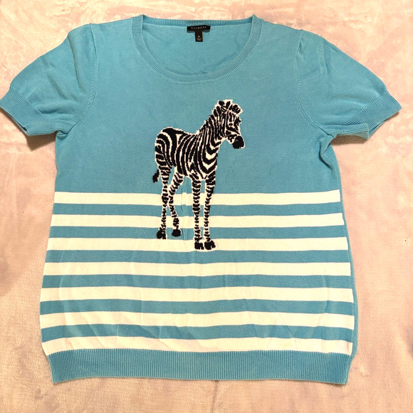 Talbots Light Blue Zebra Cotton Sweater short sleeves Novelty Cute Spring sz M - Picture 1 of 7